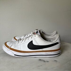 Nike Court Legacy 3.5Y White Sneakers with Black Swoosh and Brown Accents